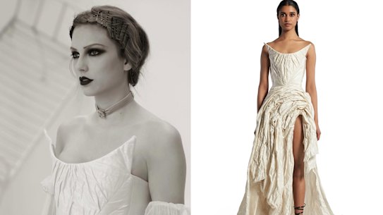 Taylor Swift wearing Toni Maticevski in the music video for ‘Fortnight’ and the dress from his Candescence collection in 2024.