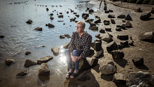 Tooradin resident Di Loft at the local foreshore, which is in danger of inundation from rising sea levels.