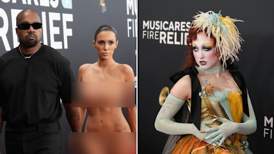 Ye (Kanye West) and Bianca Censori arriving at the 2025 Grammy Awards in Los Angeles and Chappell Roan in vintage Jean Paul Gaultier.