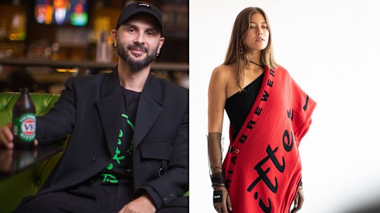 Peter Strateas and a piece from their collaboration with Victoria Bitter for the Melbourne Fashion Festival