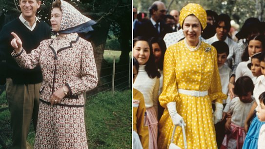A colour-coordinated Queen: Elizabeth ll at Balmoral in 1972 and in Mexico wearing a turban in  1975.