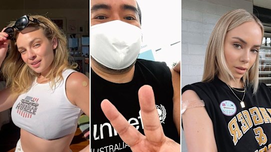 From left to right: Abbie Chatfield, Adam Liaw and Tully Smyth share vaccine selfies.