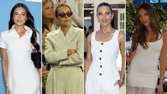 Tennis whites at the Australian Open: Costeen Hatzis in Odd Muse; Jelena Djokovic in Sandro; Kate Waterhouse in Saba; Nadia Bartel in Henne.