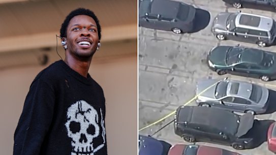 US singer d4vd and (right) tape seen around his impounded Tesla.