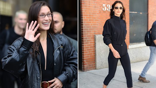 Bella Hadid, genetically blessed model and setter of challenging trends, such as skinny glasses (left) and capri pants.