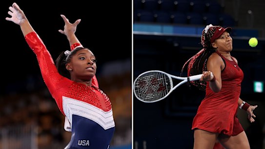 Gymnast Simone Biles and tennis player Naomi Osaka competing at the Tokyo 2020 Olympics.