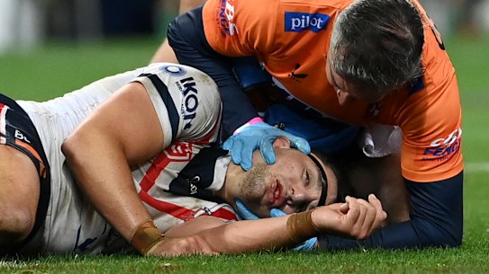 Roosters star Victor Radley after a head knock during a game against the Storm in August.