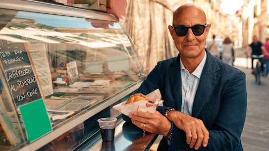 Stanley Tucci tries lampredotto, Florentine street food made from the fourth stomach of a cow and served in a bread roll. 
