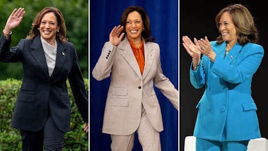US Vice President Kamala Harris has found a uniform of relaxed, tailored pantsuits with collarless, silk blouses and simple jewellery.