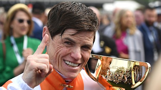 Vow And Declare's jockey Craig Williams declares victory at the 2019 Melbourne Cup.