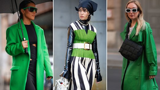 The Green Machine: Designer Effie Kats at Australian Fashion Week wearing her oversized Cali coat; Fleur Egan at Australian Fashion Week in Tory Burch; Sonia Lyson in Dulcie London coat, Berlin. 