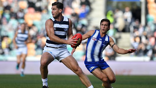 Tom Hawkins on the move for the Cats in their clash with North Melbourne at Blundstone Arena.