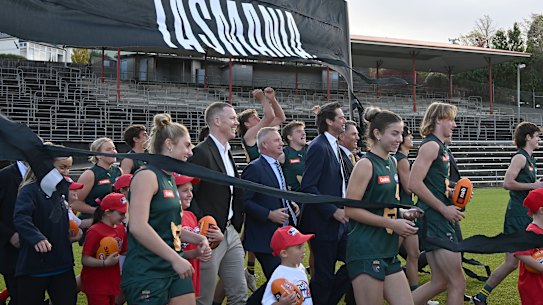 AFL CEO Gillon McLachlan, Tasmanian Premier Jeremy Rockliff, deputy Prime Minister Richard Marles, and Richmond star Jack Riewoldt at the announcement of the AFL’s 19th team - in Tasmania.