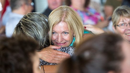 Fiona Patten celebrates with supporters on Tuesday afternoon.