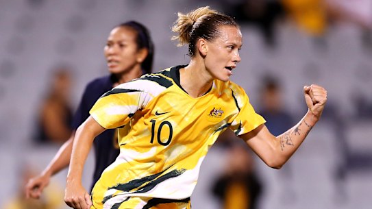 Emily van Egmond scored her first international hat-trick in Australia's six-goal romp against Thailand.