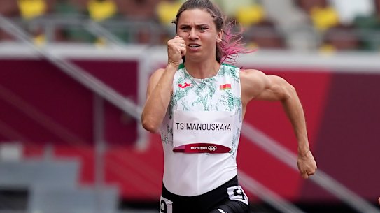 Krystsina Tsimanouskaya in the women’s 100-metre sprint on Friday.