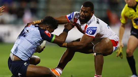 St George Illawarra’s Mikaele Ravalawa (right) is in hot water again.