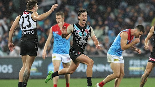 ADELAIDE, AUSTRALIA - MAY 19: Zak Butters of the Power celebrates a goal during the 2023 AFL Round 10 match between Yartapuulti/Port Adelaide Power and Narrm/Melbourne Demons at Adelaide Oval on May 19, 2023 in Adelaide, Australia. (Photo by Sarah Reed/AFL Photos via Getty Images)