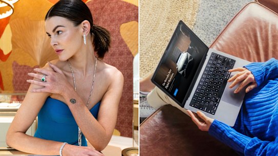 IRL vs. online: a model in Cartier’s two-level Oceania flagship in Sydney and a customer looking at the Mercedes-Benz vehicles online showroom.