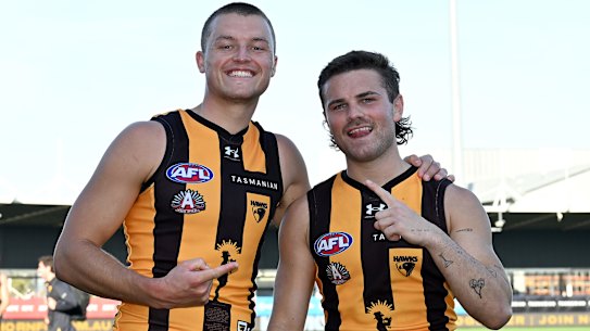 Hawthorn feature Jack Ginnivan (left) and Nick Watson.