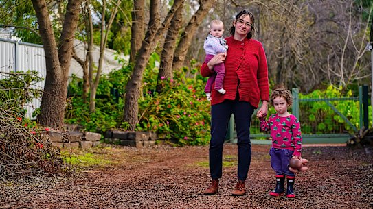 Katie Dircks with her children Ernie 2, and Ada, 8 months, at their home in Bendigo.