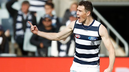 Jeremy Cameron kicked three goals in his Geelong debut.
