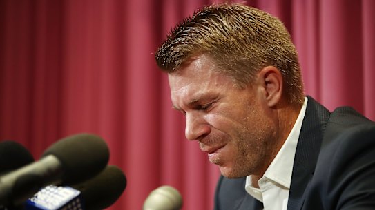 David Warner fronts the media at the height of the ball-tampering scandal.