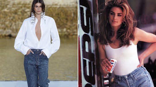 Supermodel Kaia Gerber opens the Valentino autumn 23 haute couture show in blue jeans; Cindy Crawford in denim cut-off jeans for Pepsi in 1992. 