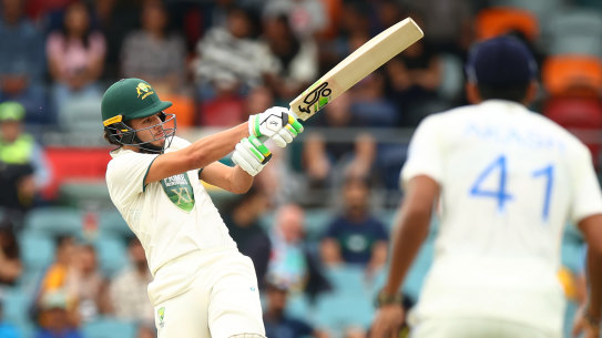 Sam Konstas goes on the attack against India at Manuka Oval.