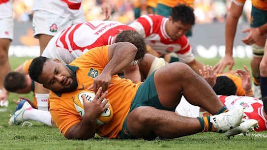 Taniela Tupou goes over for one of his two tries.