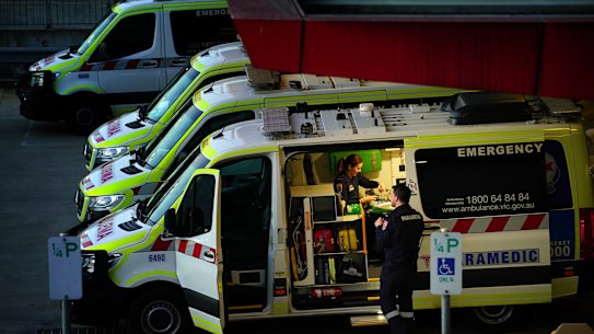 Paramedics at Box Hill Hospital last week.