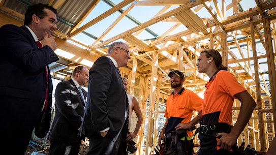 Prime Minister Scott Morrison and Housing Minister Michael Sukkar MP meet builders in Officer in February.