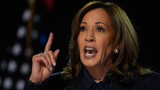 Vice President Kamala Harris speaks during last week’s Democratic National Convention.