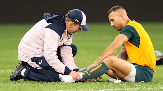 Quade Cooper injured himself in the warm-up ahead of Australia’s first Test against England.