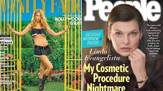 Nicole Kidman on the cover of Vanity Fair (left), and Linda Evangelista on the cover of people.