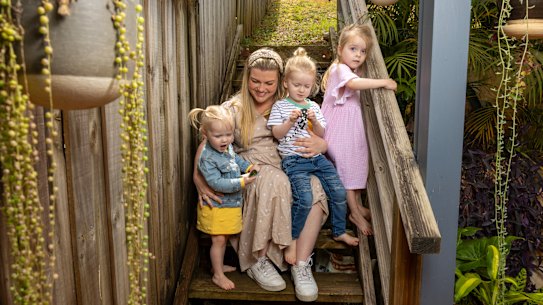 Samantha Rosewood, with her children Florence, 20 months, and twins Hollie and Arlo, three.