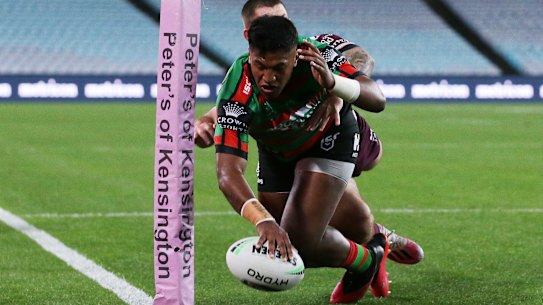 Steven Marsters scores on debut for the Rabbitohs in Saturday night's 56-16 rout of Manly.
