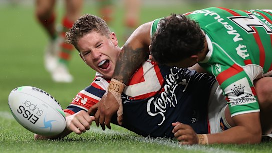 Egan Butcher scores a try at Allianz Stadium.