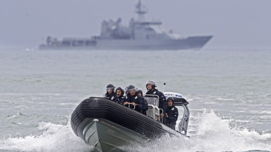 Crew from the HMNZS Wellington return to shore during a search for survivors of the Whakatane volcano eruption in 2019. The ship is currently idle due to lack of personnel.