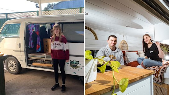 Year 11 student Jade Purdon; couple Sarah Parker and Mason Kirby with their vans.