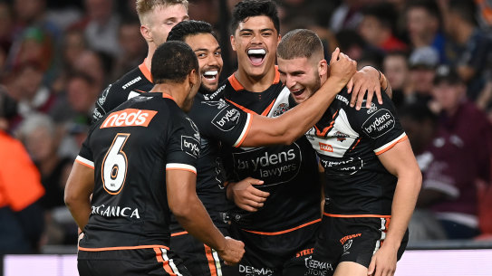Adam Doueihi celebrates one of his two tries on Friday night.
