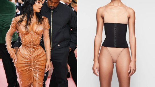 Kim Kardashian, left, at the 2019 Met Gala, where she wore a waist trainer; Kardashian’s underwear brand SKIMS began selling a waist trainer in 2019.