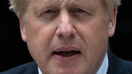 British Prime Minister Boris Johnson addresses the nation as he announces his resignation outside 10 Downing Street on July 7.