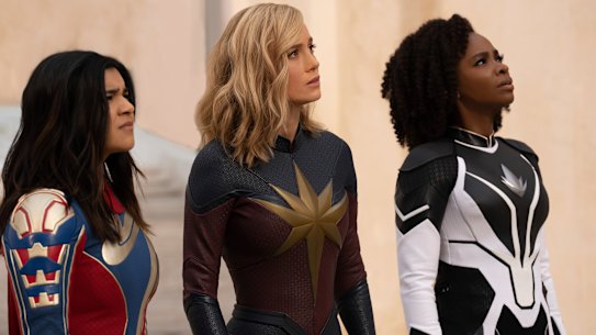 Iman Vellani (left) as Ms Marvel, Brie Larson as Captain Marvel, and Teyonah Parris as Captain Monica Rambeau in The Marvels.