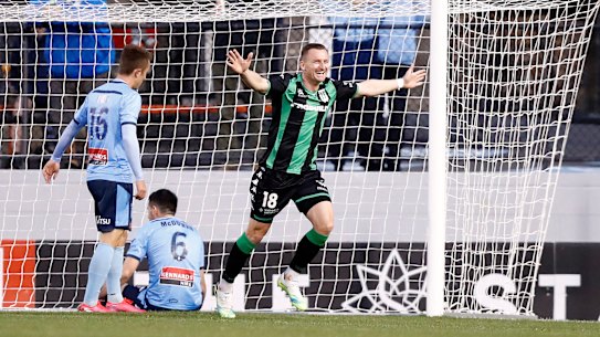 Familar foe: Besart Besrisha scores for Western United.