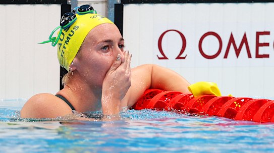 Ariarne Titmus reacts after winning the 400m freestyle.