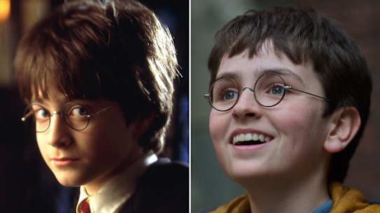 Daniel Radliffe (left) in the original 2001 film Harry Potter and the Philosopher’s Stone and Dominic McLaughlin as the new Harry Potter in the TV series. 