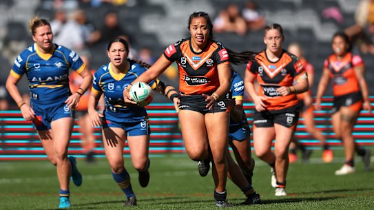 The Wests Tigers’ Chrsitian Pio makes a line break against the Eels on the weekend.