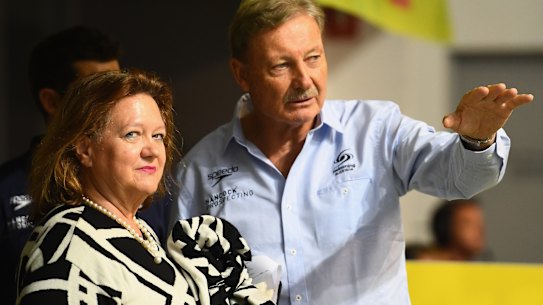 Gina Rinehart with then Swimming Australia President John Bertrand at the Australian titles in 2016.