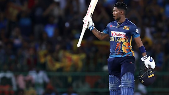 Pathum Nissanka of Sri Lanka celebrates making 100 runs during the 3rd match in the ODI series against Australia.